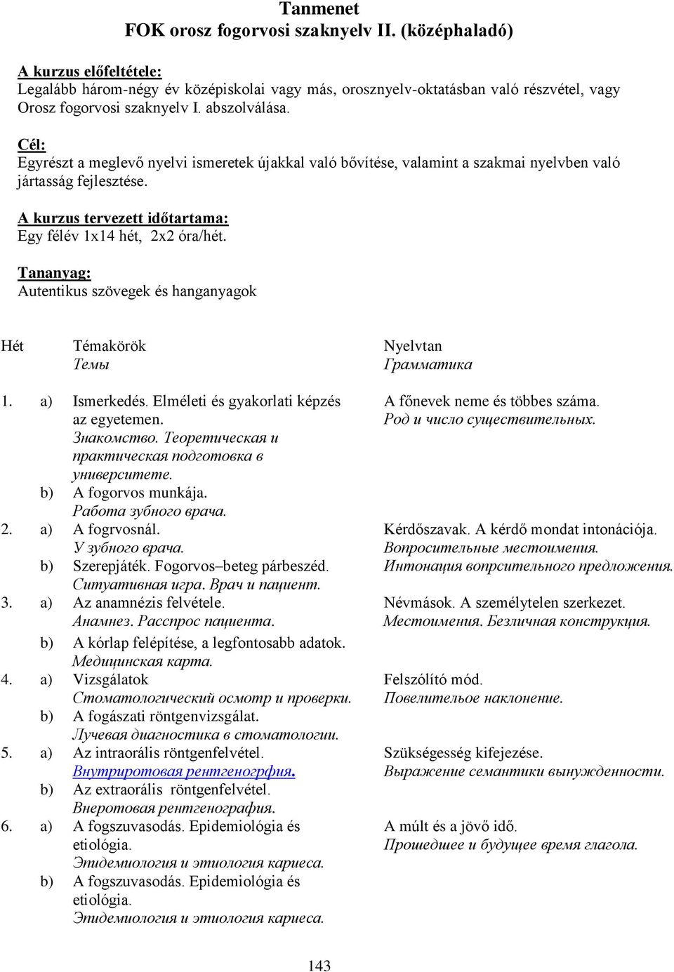 Tananyag: Autentikus szövegek és hanganyagok Hét Témakörök Темы Nyelvtan Грамматика 1. a) Ismerkedés. Elméleti és gyakorlati képzés az egyetemen. Знакомство.