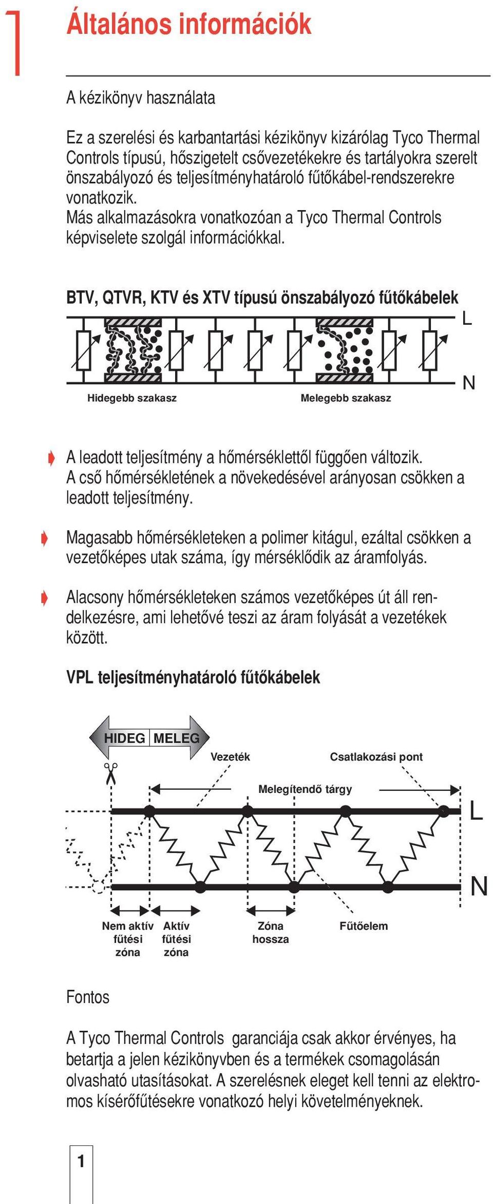 BTV, QTVR, KTV és XTV típusú önszabályozó fætœkábelek L Hidegebb szakasz Melegebb szakasz N A leadott teljesítmény a hœmérséklettœl függœen változik.