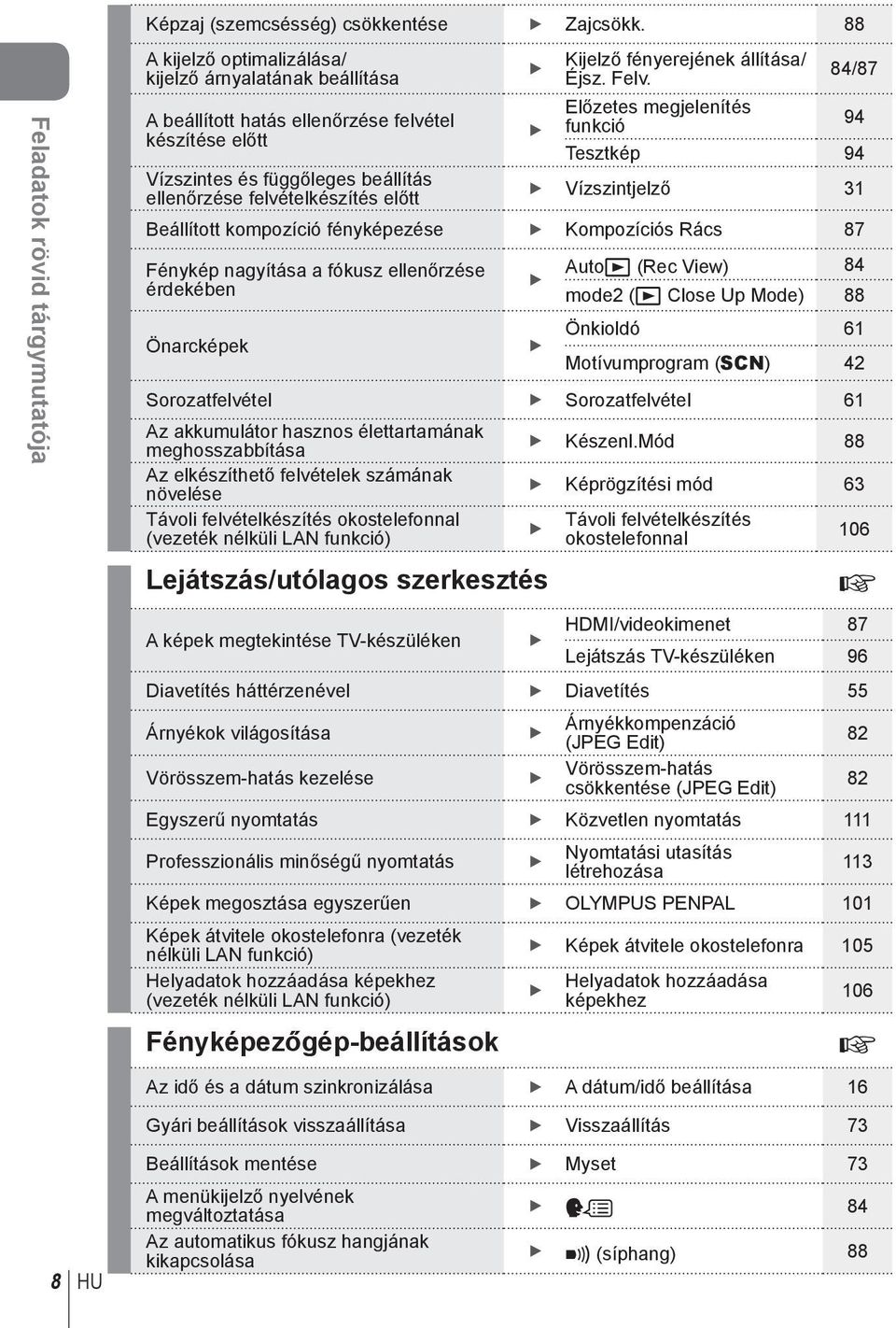 84/87 Előzetes megjelenítés funkció 94 Tesztkép 94 Vízszintes és függőleges beállítás ellenőrzése felvételkészítés előtt Vízszintjelző 31 Beállított kompozíció fényképezése Kompozíciós Rács 87