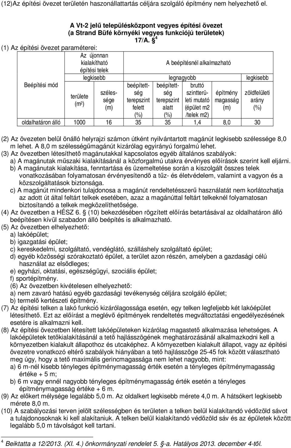 4 Az újonnan kialakítható építési telek területe legkisebb legnagyobb legkisebb építmény zöldfelületi terepszint terepszint leti mutató magasság arány felett alatt (épület m2 (%) oldalhatáron álló