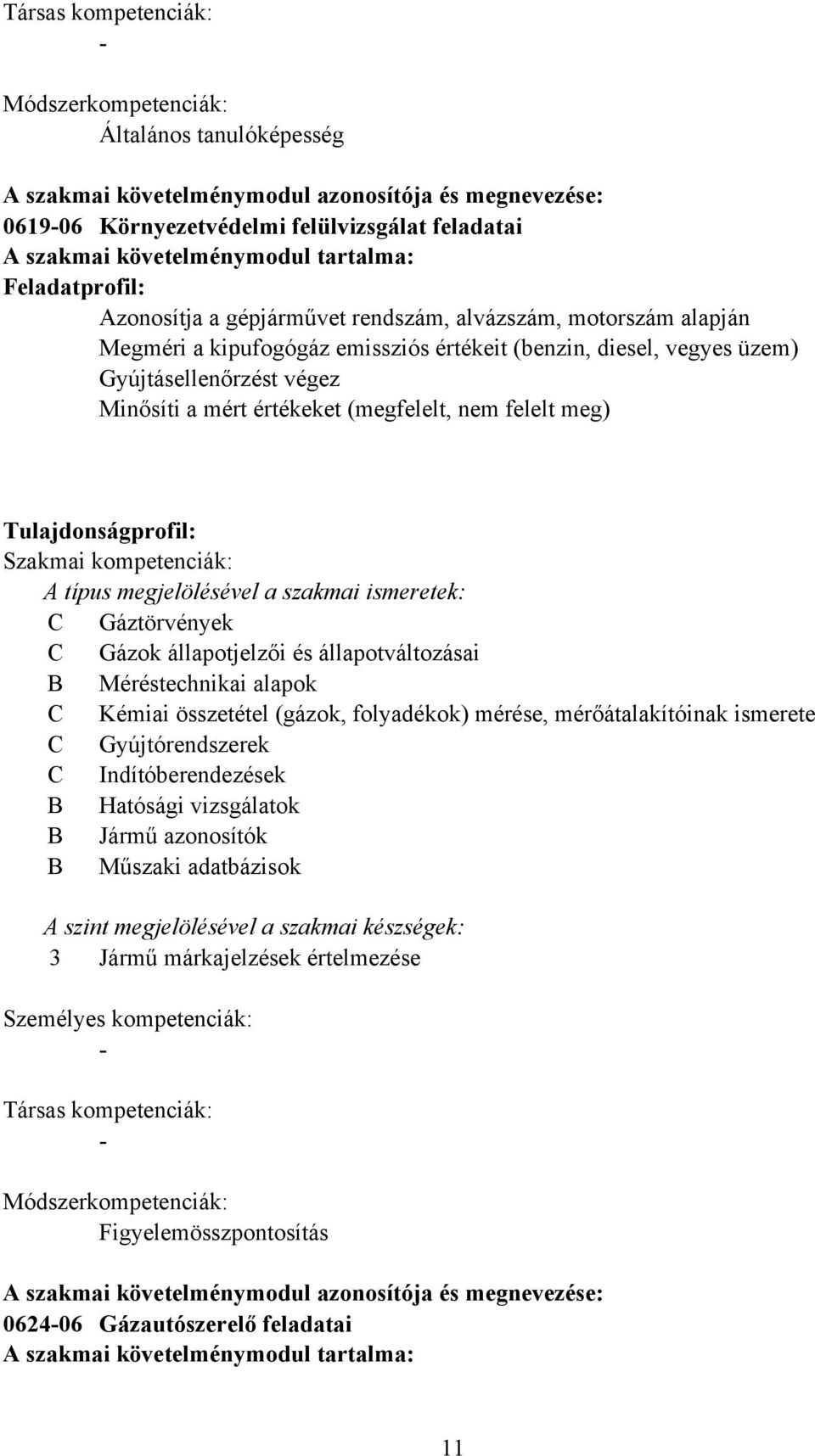 mért értékeket (megfelelt, nem felelt meg) Tulajdonságprofil: Szakmai kompetenciák: A típus megjelölésével a szakmai ismeretek: Gáztörvények Gázok állapotjelzői és állapotváltozásai Méréstechnikai