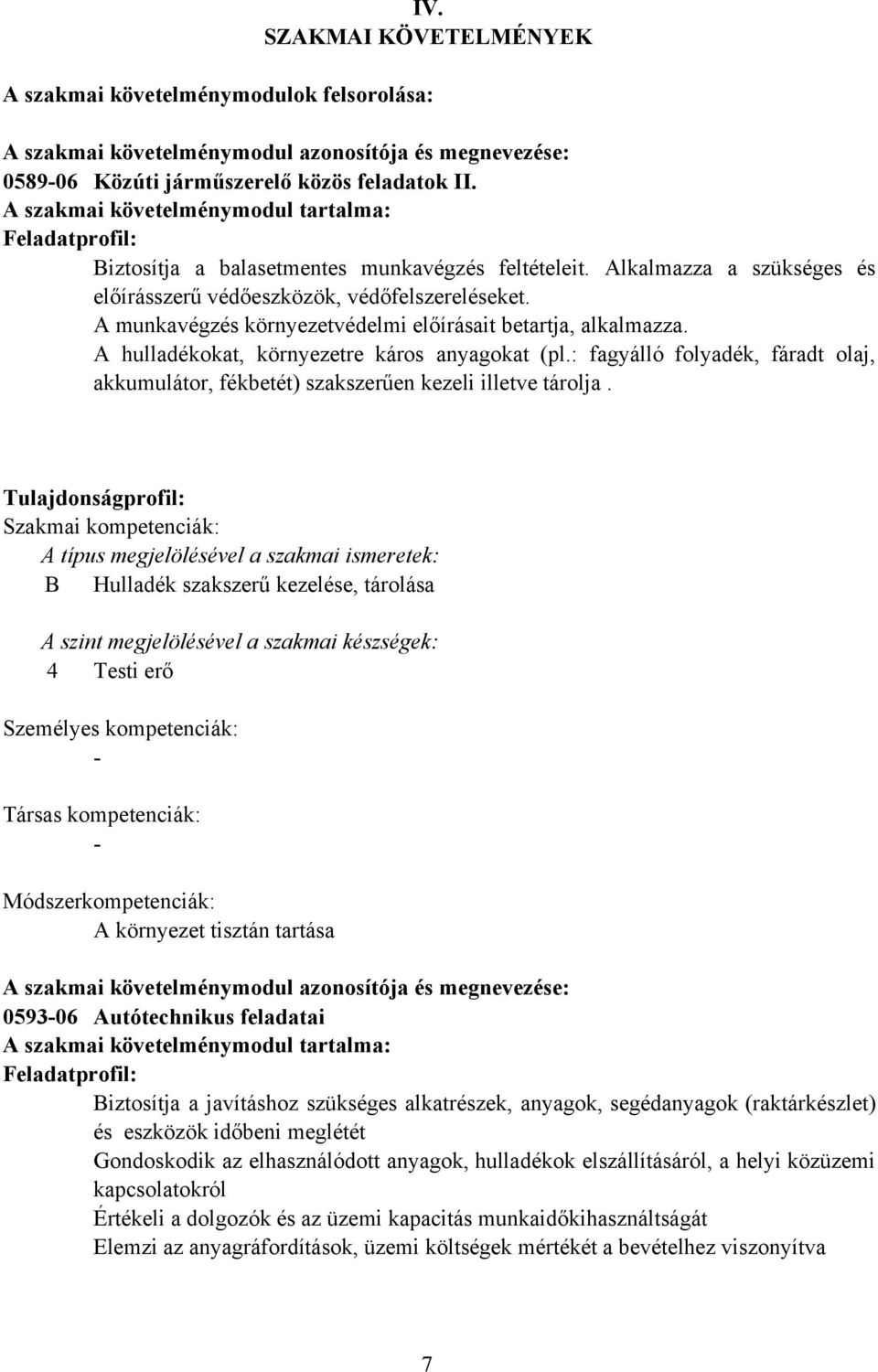 A munkavégzés környezetvédelmi előírásait betartja, alkalmazza. A hulladékokat, környezetre káros anyagokat (pl.