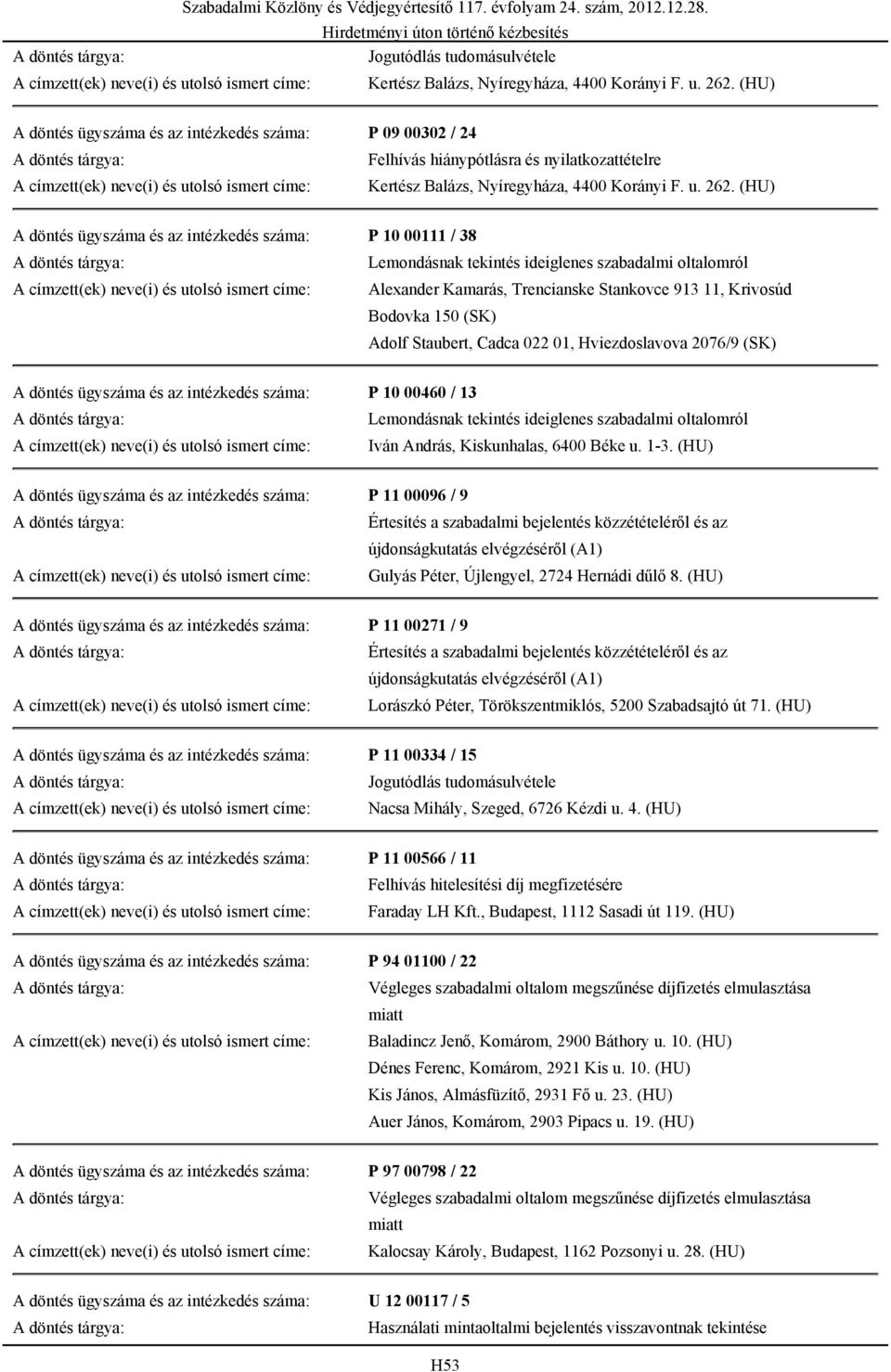 ideiglenes szabadalmi oltalomról Alexander Kamarás, Trencianske Stankovce 913 11, Krivosúd Bodovka 150 (SK) Adolf Staubert, Cadca 022 01, Hviezdoslavova 2076/9 (SK) A döntés ügyszáma és az intézkedés