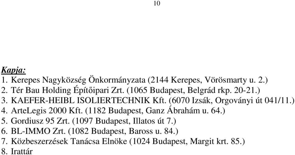 ArteLegis 2000 Kft. (1182 Budapest, Ganz Ábrahám u. 64.) 5. Gordiusz 95 Zrt. (1097 Budapest, Illatos út 7.) 6.