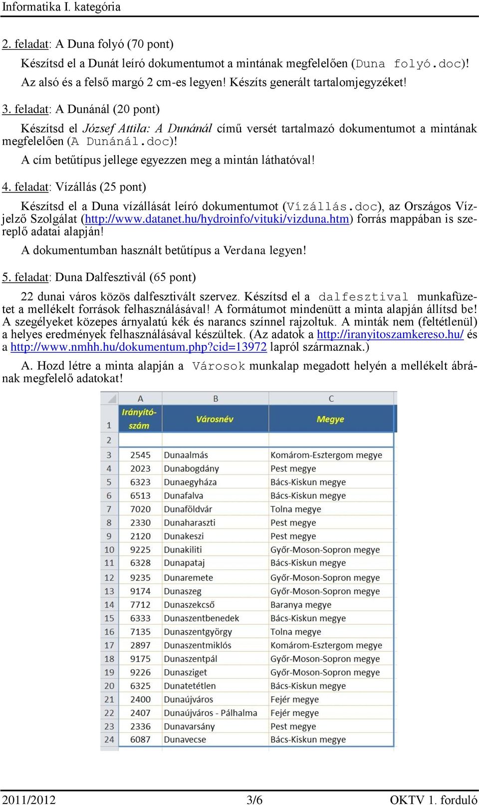 A cím betűtípus jellege egyezzen meg a mintán láthatóval! 4. feladat: Vízállás (25 pont) Készítsd el a Duna vízállását leíró dokumentumot (Vízállás.doc), az Országos Vízjelző Szolgálat (http://www.