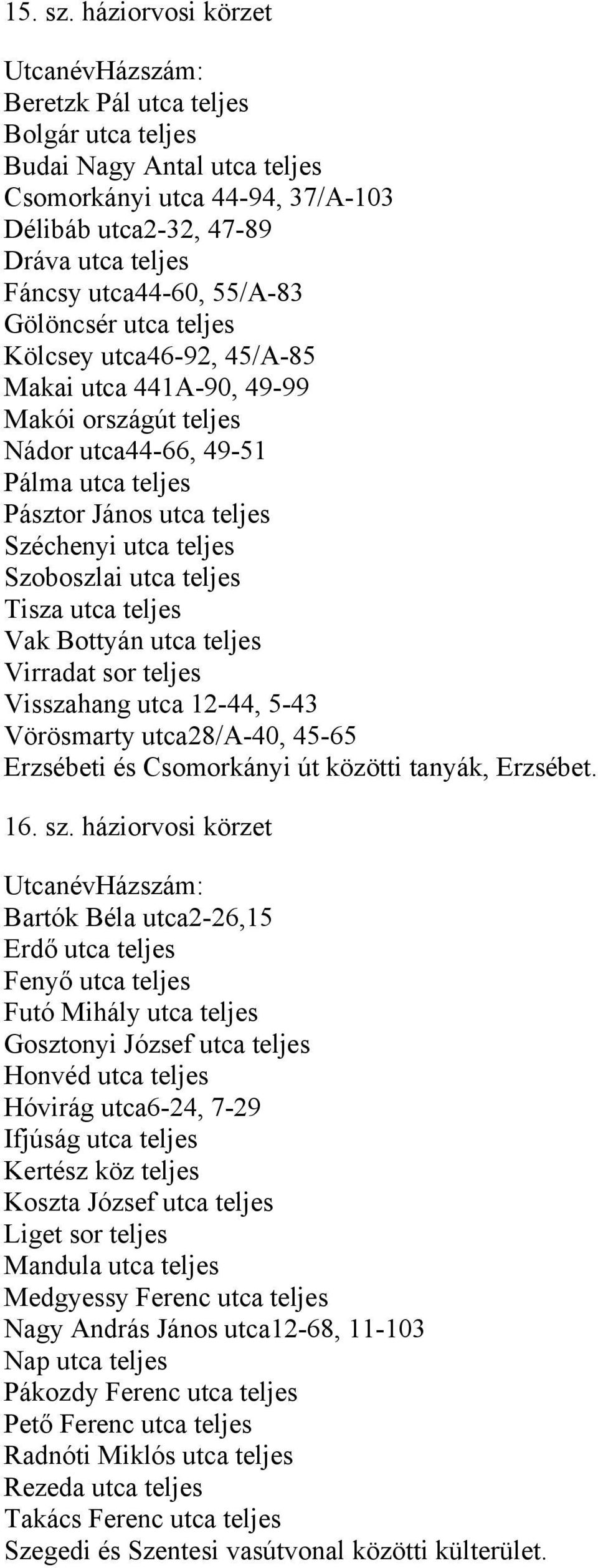 Gölöncsér utca teljes Kölcsey utca46-92, 45/A-85 Makai utca 441A-90, 49-99 Makói országút teljes Nádor utca44-66, 49-51 Pálma utca teljes Pásztor János utca teljes Széchenyi utca teljes Szoboszlai