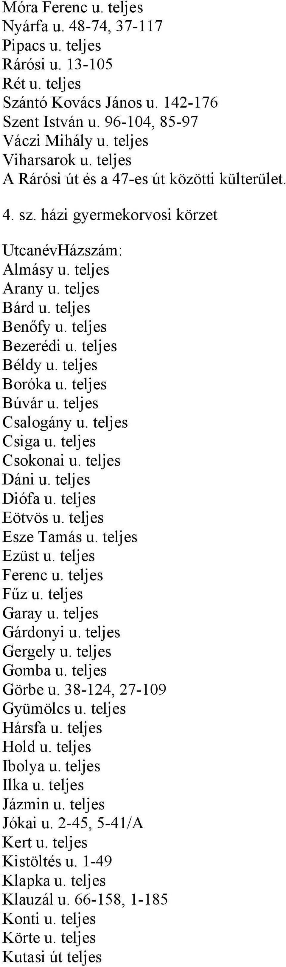 teljes Búvár u. teljes Csalogány u. teljes Csiga u. teljes Csokonai u. teljes Dáni u. teljes Diófa u. teljes Eötvös u. teljes Esze Tamás u. teljes Ezüst u. teljes Ferenc u. teljes Fűz u.