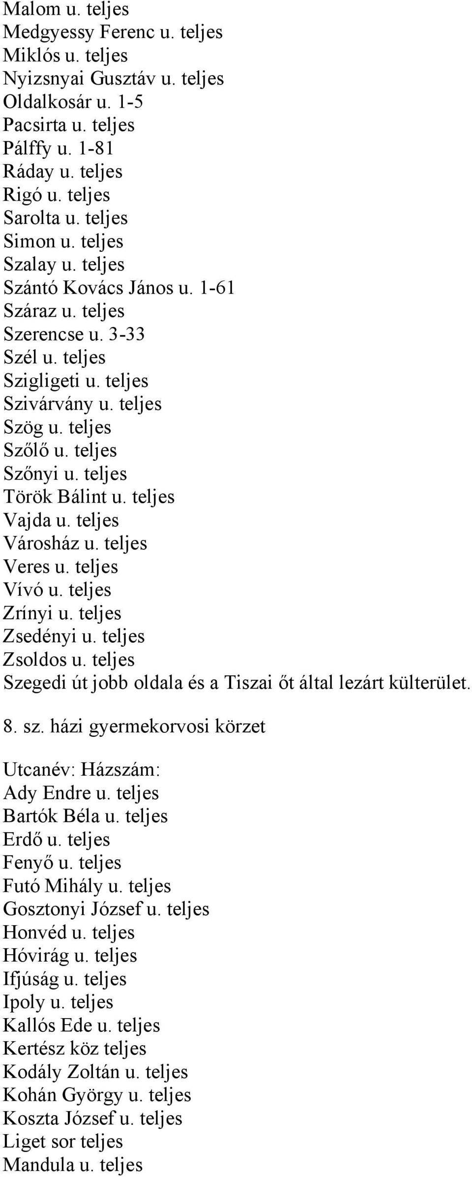 teljes Török Bálint u. teljes Vajda u. teljes Városház u. teljes Veres u. teljes Vívó u. teljes Zrínyi u. teljes Zsedényi u. teljes Zsoldos u.