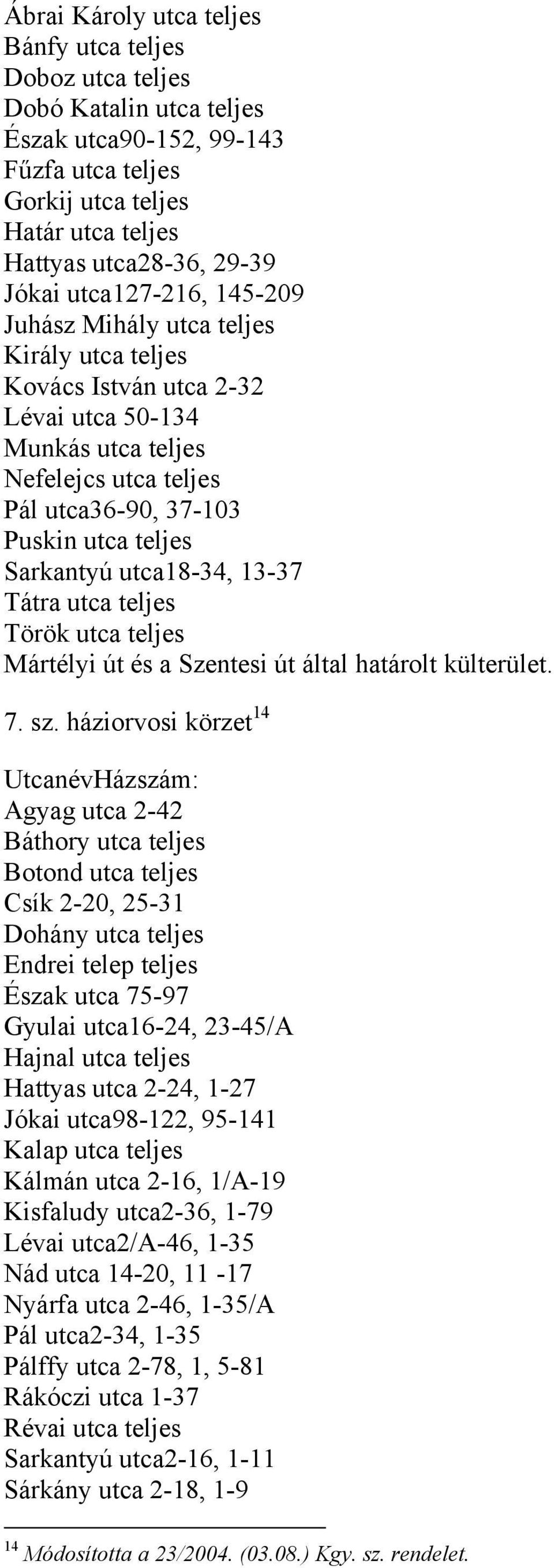 utca18-34, 13-37 Tátra utca teljes Török utca teljes Mártélyi út és a Szentesi út által határolt külterület. 7. sz.