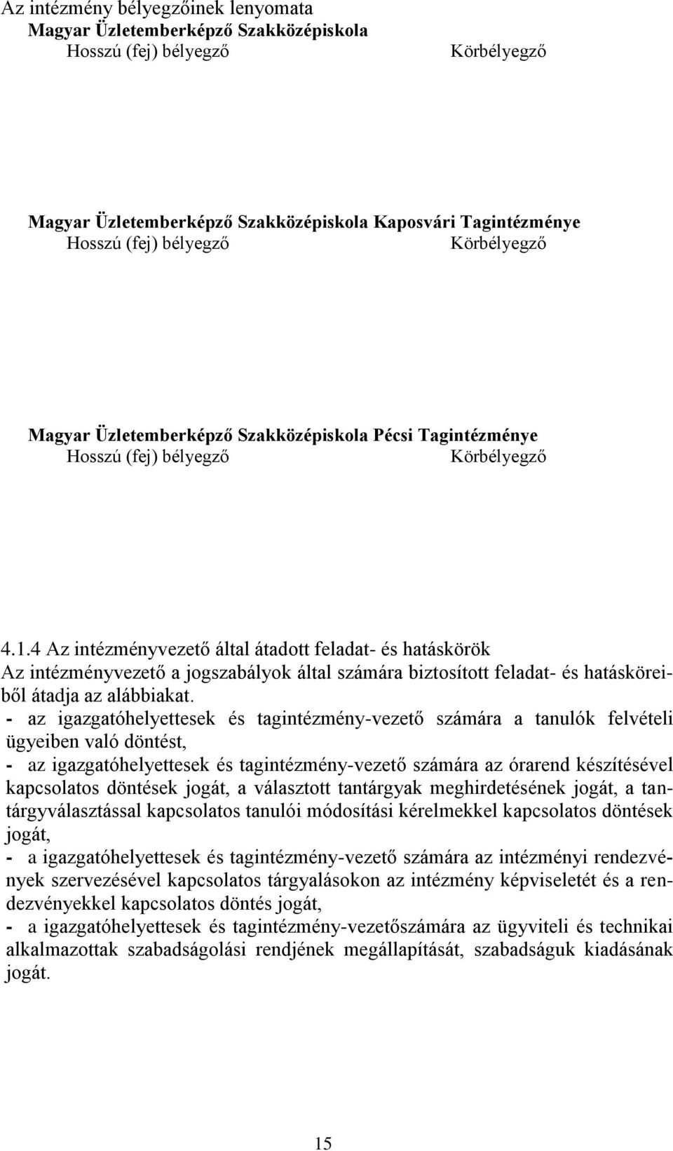 4 Az intézményvezető által átadott feladat- és hatáskörök Az intézményvezető a jogszabályok által számára biztosított feladat- és hatásköreiből átadja az alábbiakat.