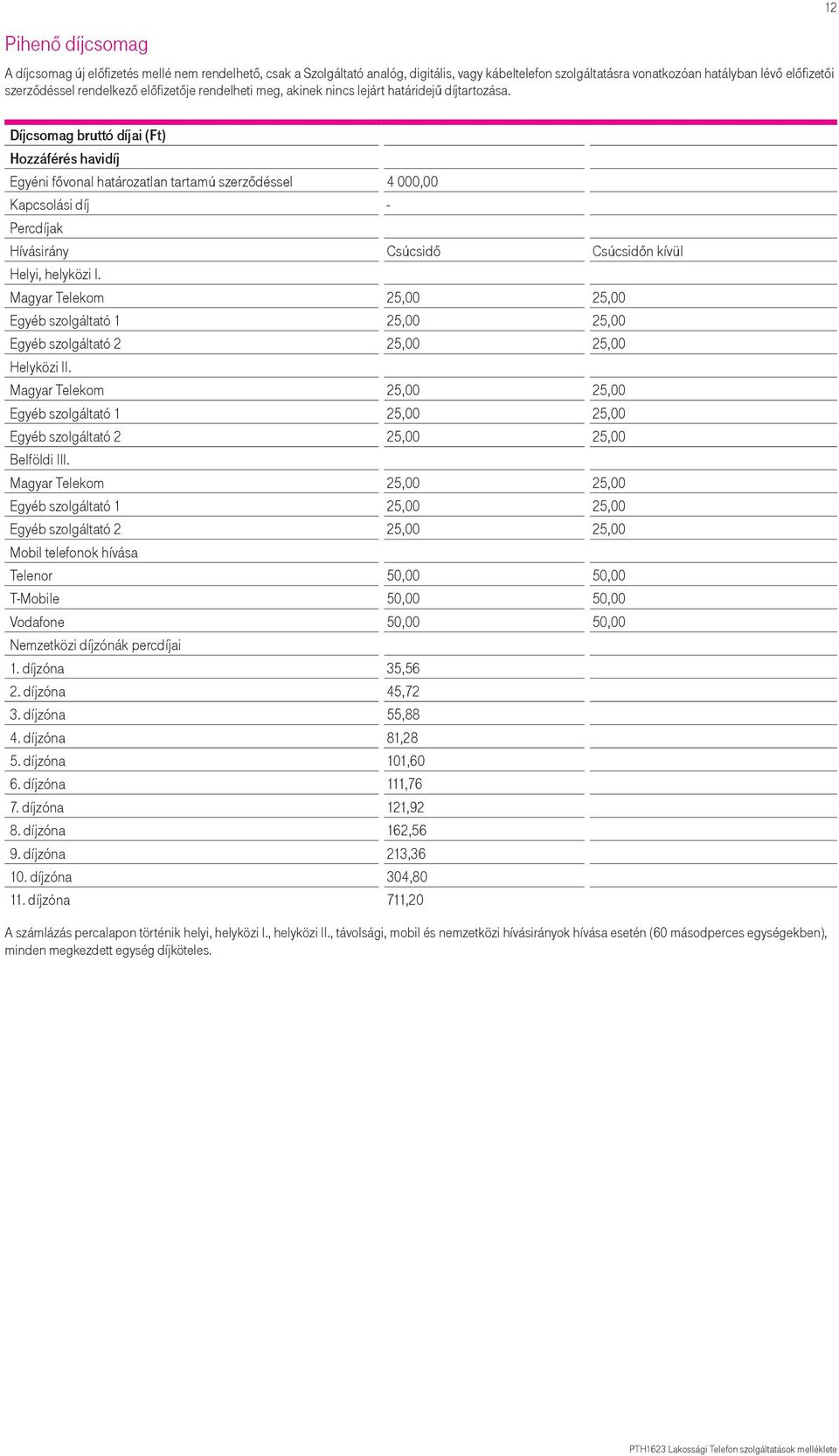 Díjcsomag bruttó díjai (Ft) Egyéni fővonal határozatlan tartamú szerződéssel 4 000,00 Kapcsolási díj - Hívásirány Csúcsidő Csúcsidőn kívül Magyar Telekom 25,00 25,00 Egyéb szolgáltató 1 25,00 25,00