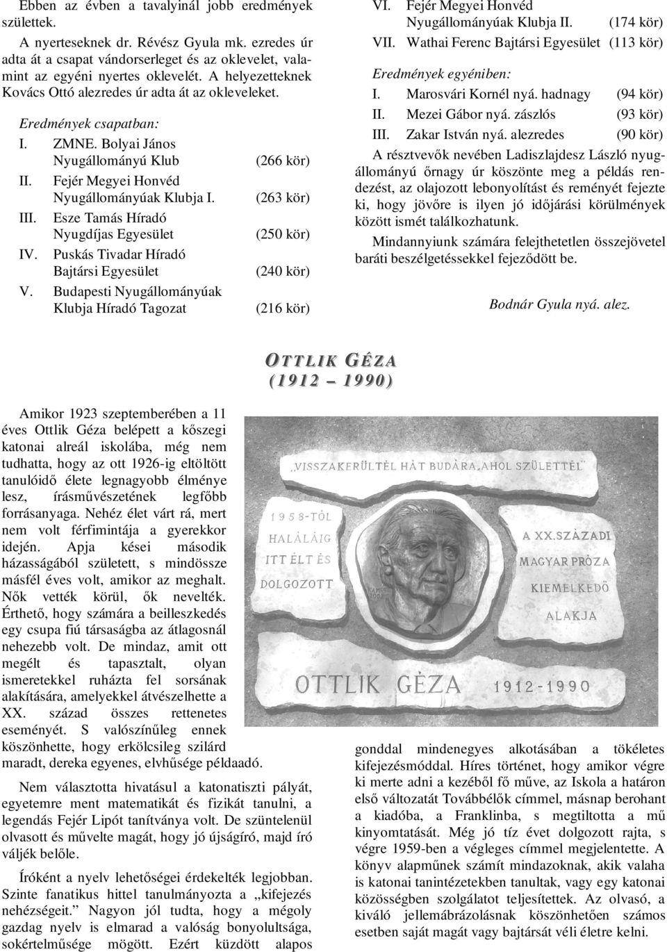 Esze Tamás Híradó Nyugdíjas Egyesület IV. Puskás Tivadar Híradó Bajtársi Egyesület V. Budapesti Nyugállományúak Klubja Híradó Tagozat (266 kör) (263 kör) (250 kör) (240 kör) (216 kör) VI.