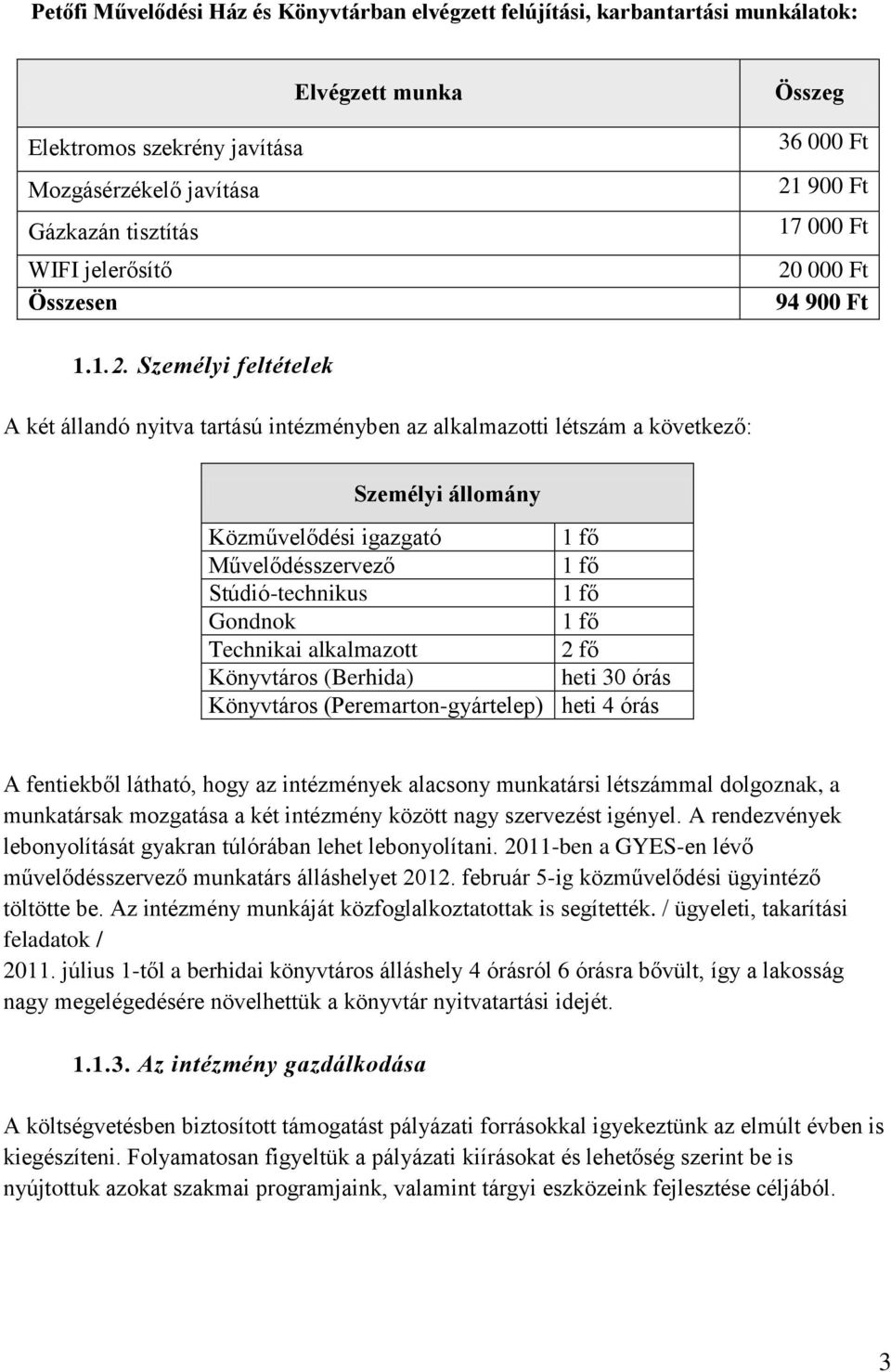 Stúdió-technikus 1 fő Gondnok 1 fő Technikai alkalmazott 2 fő Könyvtáros (Berhida) heti 30 órás Könyvtáros (Peremarton-gyártelep) heti 4 órás A fentiekből látható, hogy az intézmények alacsony