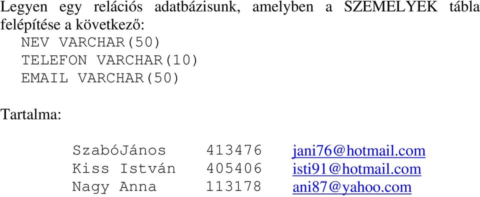 EMAIL VARCHAR(50) Tartalma: SzabóJános 413476 jani76@hotmail.