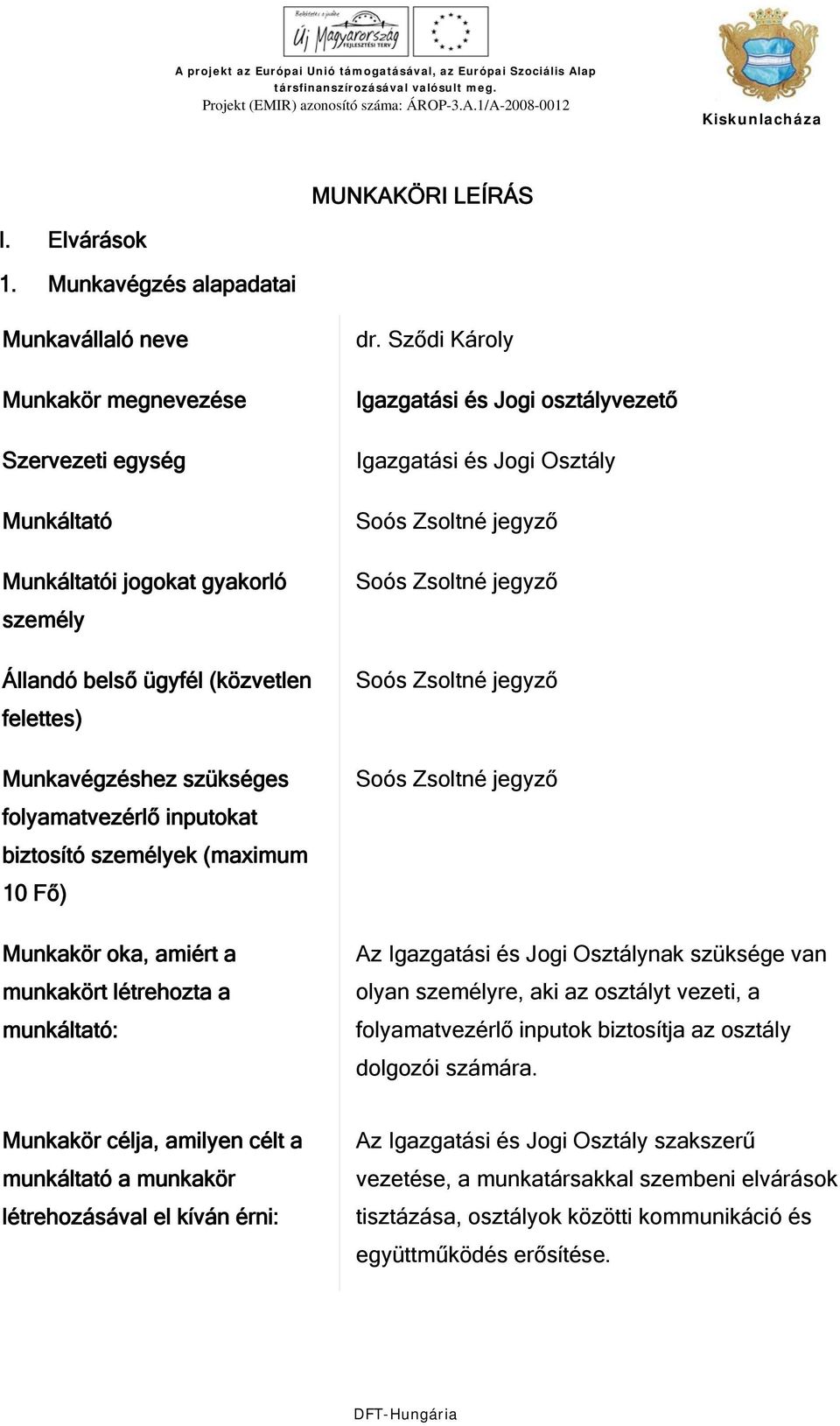 folyamatvezérlő inputokat biztosító személyek (maximum 10 Fő) Munkakör oka, amiért a munkakört létrehozta a munkáltató: dr.