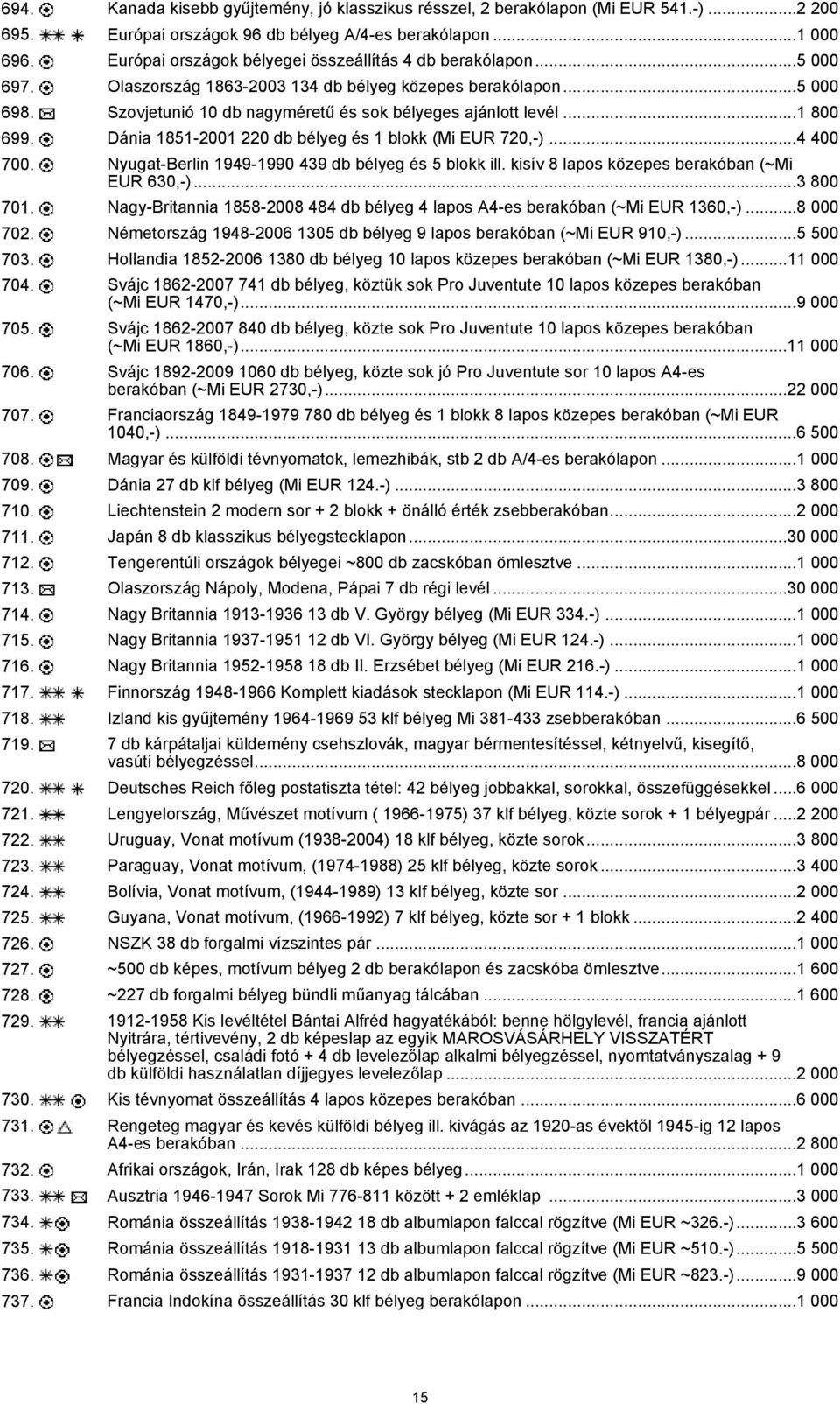 ..1 800 699. Dánia 1851-2001 220 db bélyeg és 1 blokk (Mi EUR 720,-)...4 400 700. Nyugat-Berlin 1949-1990 439 db bélyeg és 5 blokk ill. kisív 8 lapos közepes berakóban (~Mi EUR 630,-)...3 800 701.
