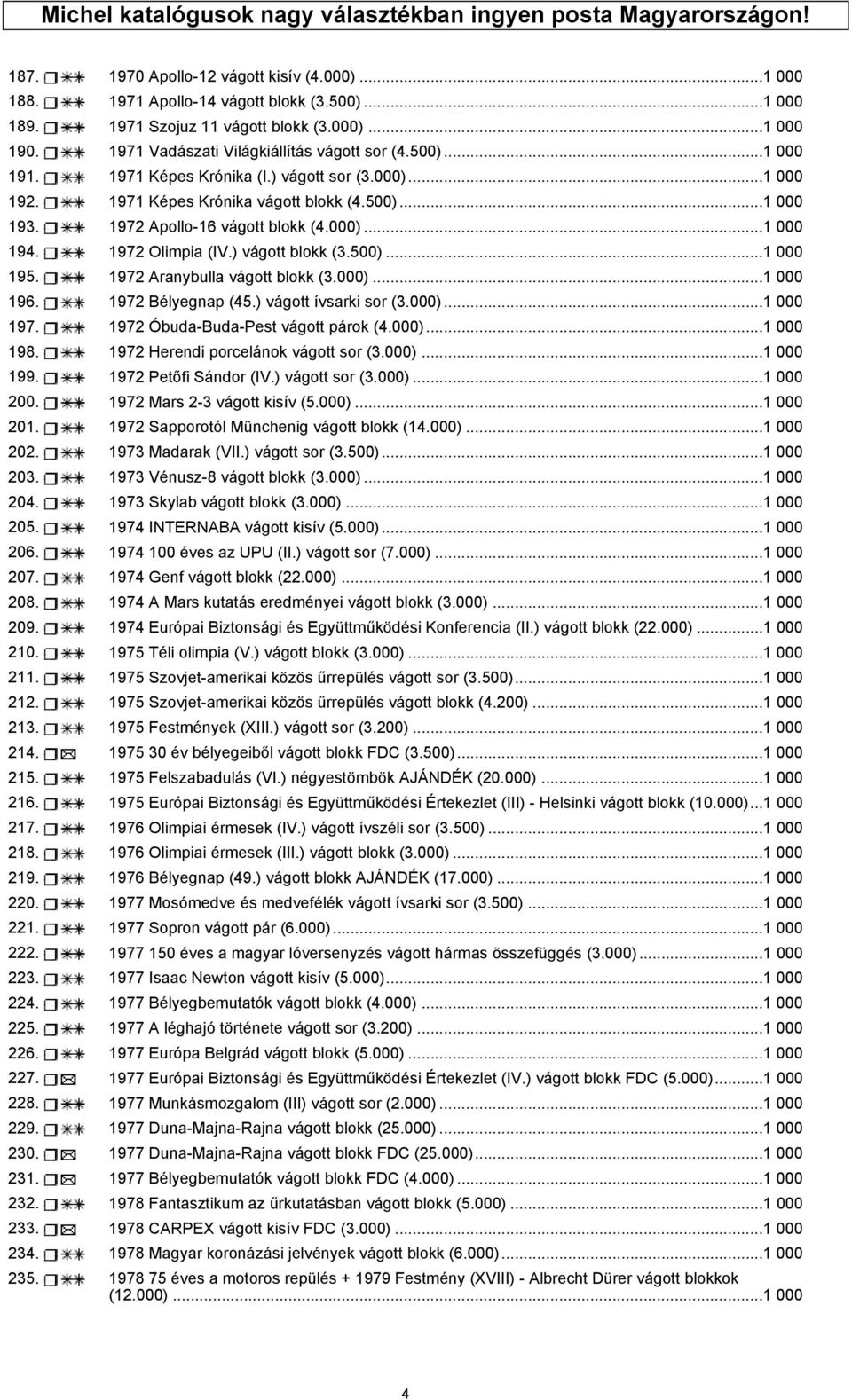 1972 Apollo-16 vágott blokk (4.000)...1 000 194. 1972 Olimpia (IV.) vágott blokk (3.500)...1 000 195. 1972 Aranybulla vágott blokk (3.000)...1 000 196. 1972 Bélyegnap (45.) vágott ívsarki sor (3.000)...1 000 197.