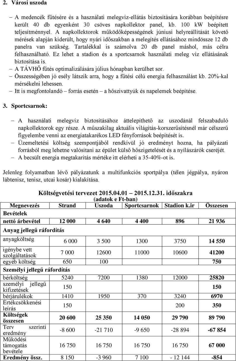 Tartalékkal is számolva 20 db panel máshol, más célra felhasználható. Ez lehet a stadion és a sportcsarnok használati meleg víz ellátásának biztosítása is.