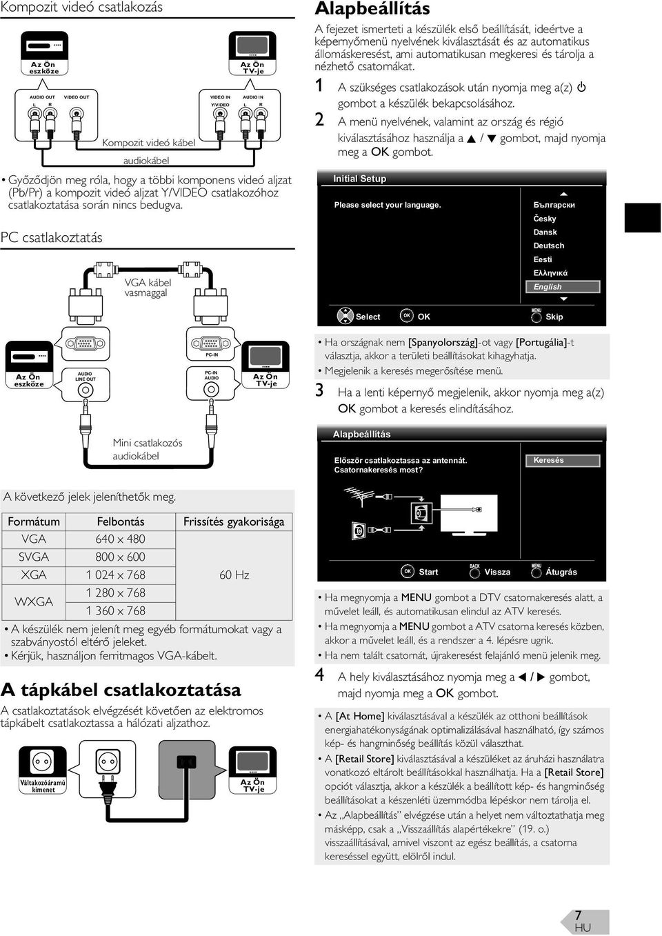 PC csatlakoztatás VIDEO IN L R Y/VIDEO Kompozit videó kábel audiokábel VGA kábel vasmaggal TV-je AUDIO IN L R Alapbeállítás A fejezet ismerteti a készülék els beállítását, ideértve a képerny menü