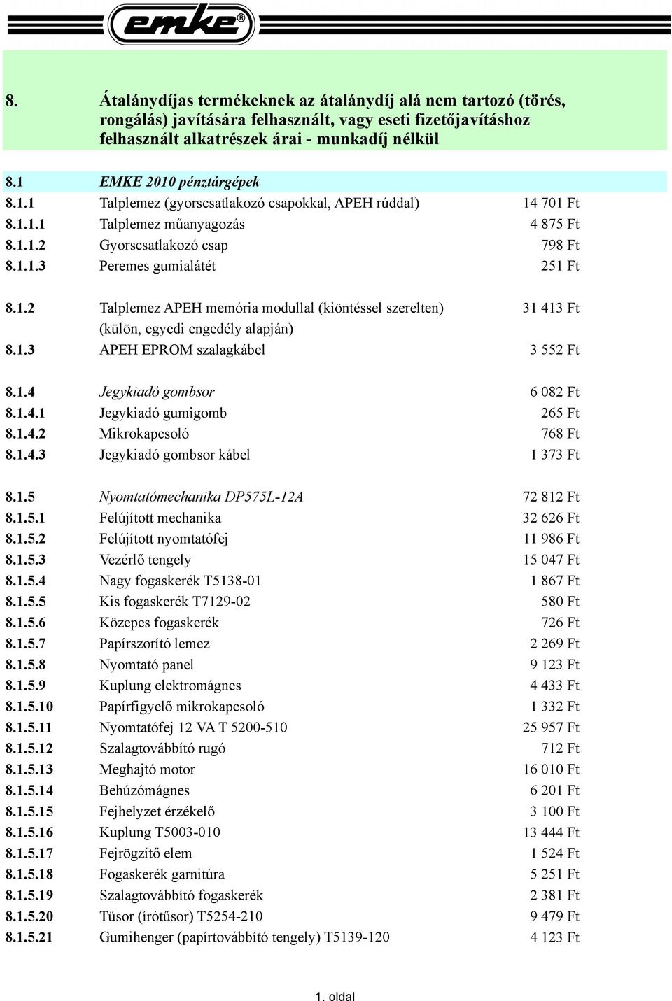 1.2 Talplemez APEH memória modullal (kiöntéssel szerelten) (külön, egyedi engedély alapján) 8.1.3 APEH EPROM szalagkábel 31 413 Ft 3 552 Ft 8.1.4 Jegykiadó gombsor 6 082 Ft 8.1.4.1 Jegykiadó gumigomb 265 Ft 8.