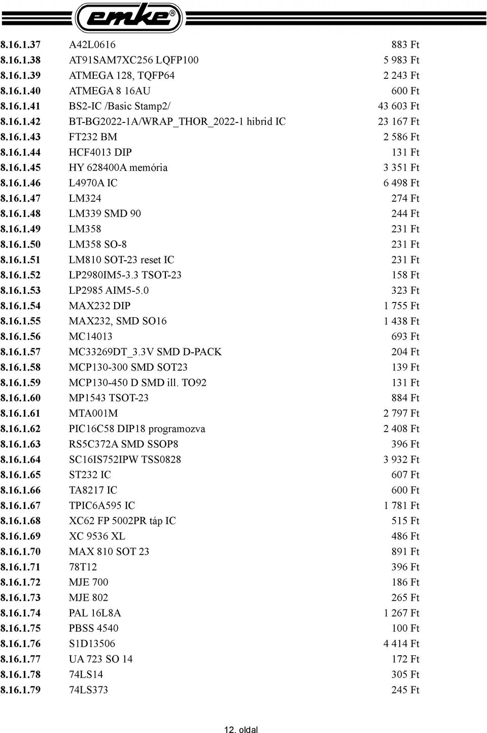 16.1.51 LM810 SOT-23 reset IC 231 Ft 8.16.1.52 LP2980IM5-3.3 TSOT-23 158 Ft 8.16.1.53 LP2985 AIM5-5.0 323 Ft 8.16.1.54 MAX232 DIP 8.16.1.55 MAX232, SMD SO16 8.16.1.56 MC14013 693 Ft 8.16.1.57 MC33269DT_3.