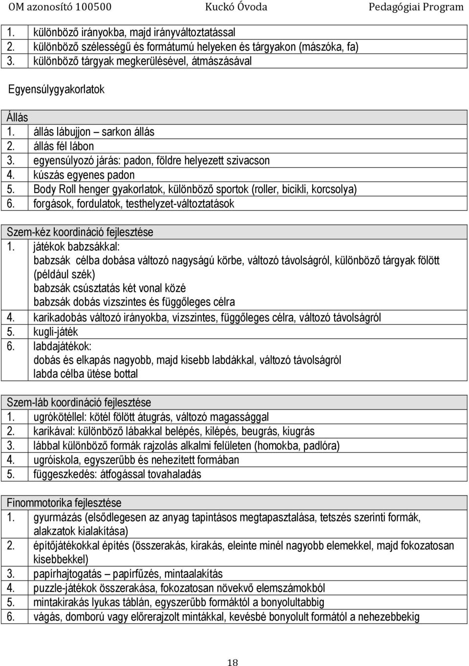 kúszás egyenes padon 5. Body Roll henger gyakorlatok, különböző sportok (roller, bicikli, korcsolya) 6. forgások, fordulatok, testhelyzet-változtatások Szem-kéz koordináció fejlesztése 1.