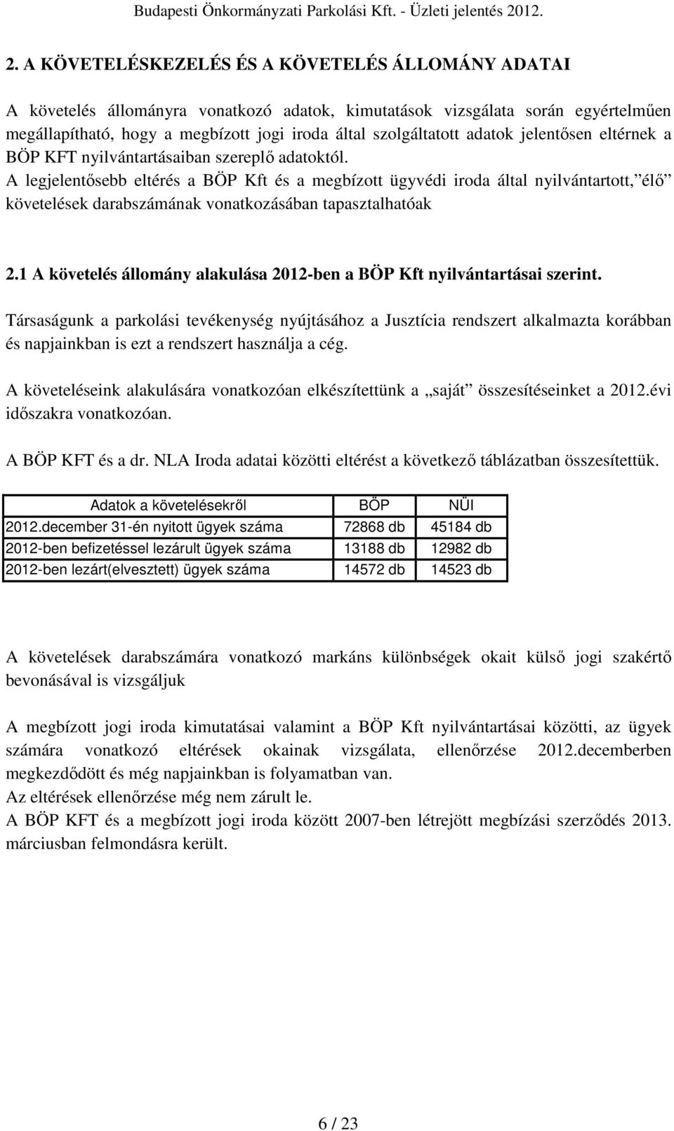 A legjelentısebb eltérés a BÖP Kft és a megbízott ügyvédi iroda által nyilvántartott, élı követelések darabszámának vonatkozásában tapasztalhatóak 2.