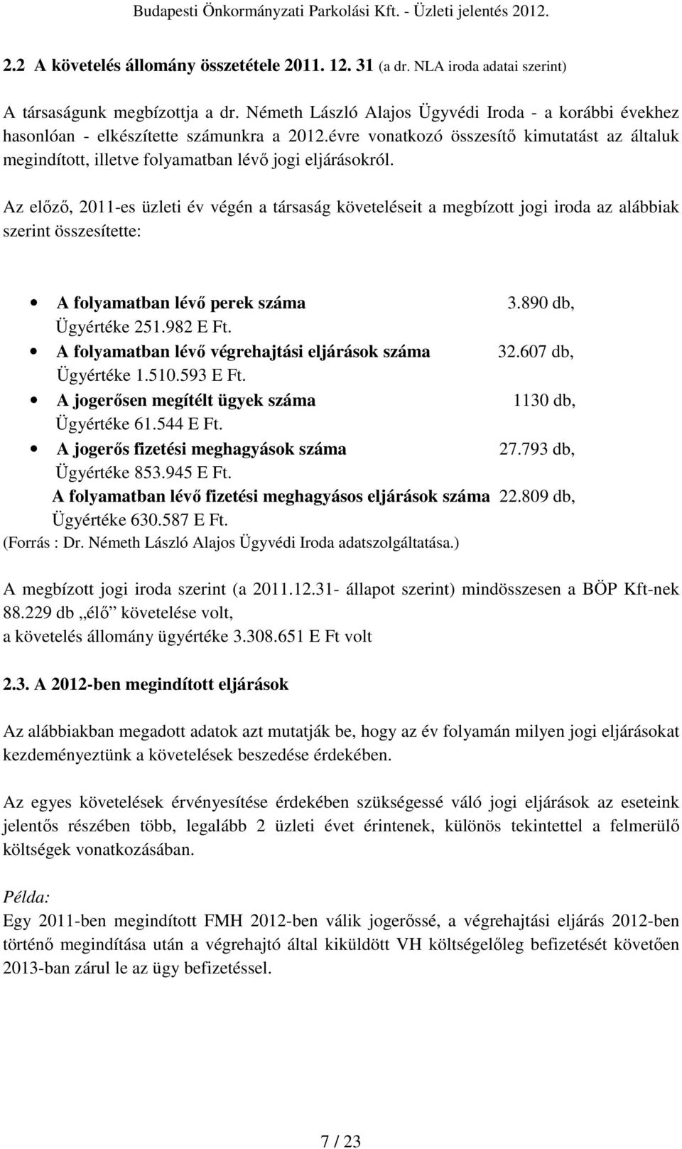 Az elızı, 2011-es üzleti év végén a társaság követeléseit a megbízott jogi iroda az alábbiak szerint összesítette: A folyamatban lévı perek száma 3.890 db, Ügyértéke 251.982 E Ft.