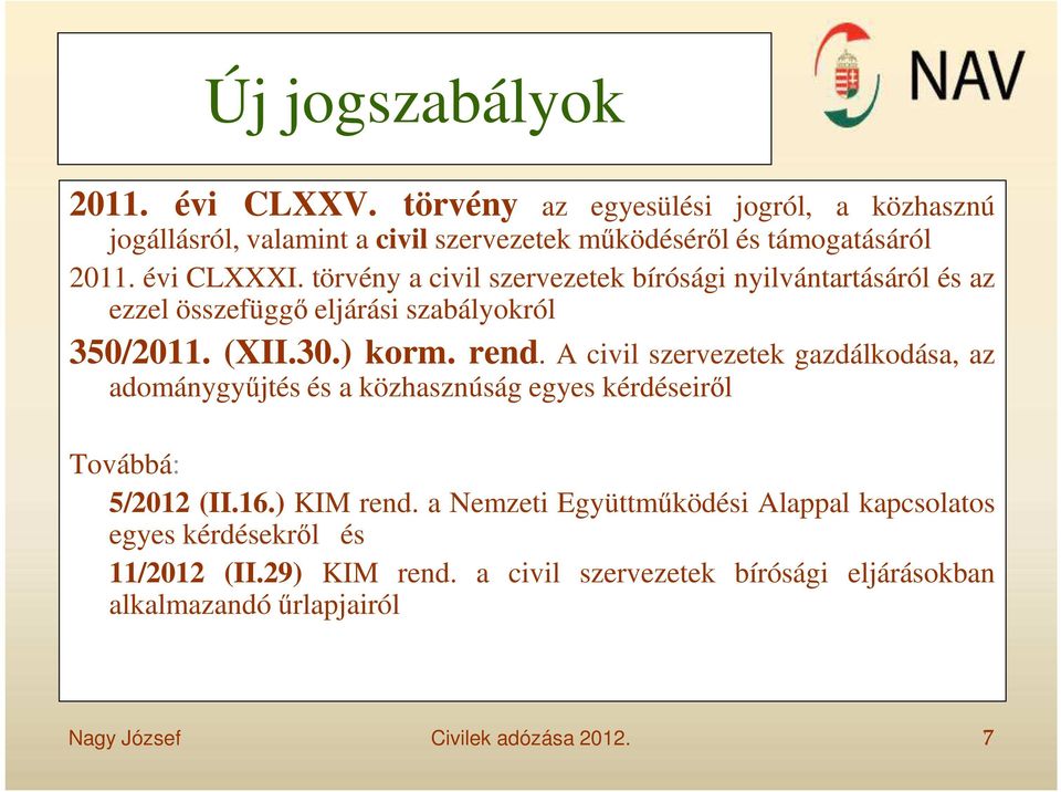 A civil szervezetek gazdálkodása, az adománygyűjtés és a közhasznúság egyes kérdéseiről Továbbá: 5/2012 (II.16.) KIM rend.