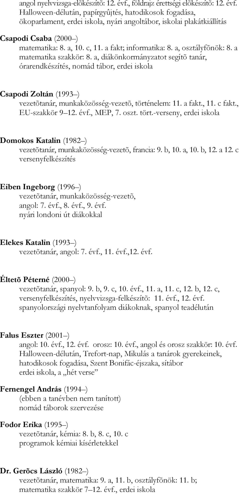 a, diákönkormányzatot segítõ tanár, órarendkészítés, nomád tábor, erdei iskola Csapodi Zoltán (1993 ) vezetõtanár, munkaközösség-vezetõ, történelem: 11. a fakt., 11. c fakt., EU-szakkör 9 12. évf.