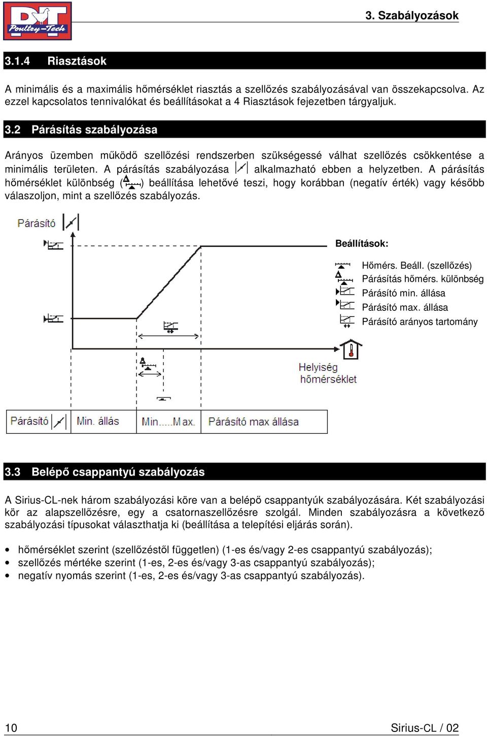 2 Párásítás szabályozása Arányos üzemben működő szellőzési rendszerben szükségessé válhat szellőzés csökkentése a minimális területen. A párásítás szabályozása alkalmazható ebben a helyzetben.