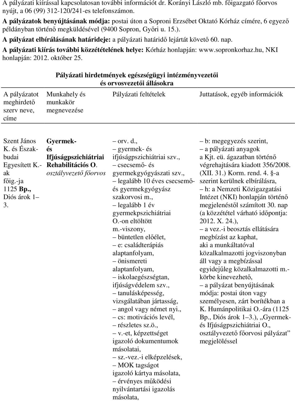 A pályázat elbírálásának határideje: a pályázati határidı lejártát követı 60. nap. A pályázati kiírás további közzétételének helye: Kórház honlapján: www.sopronkorhaz.hu, NKI honlapján: 2012.