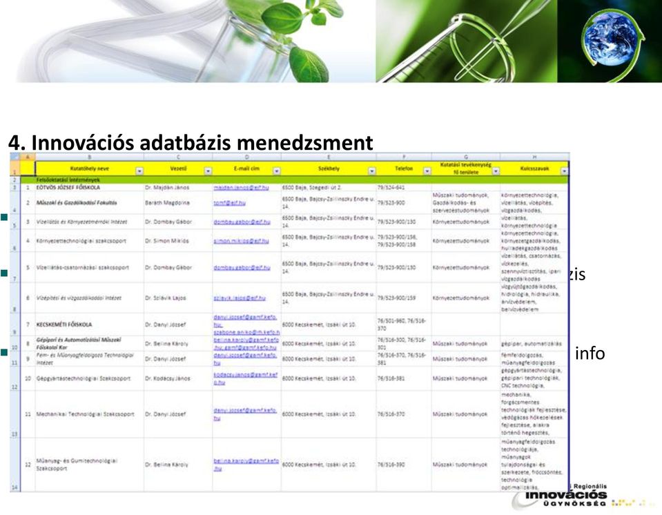 létrehozása 7 különböző adatbázisban több mint 2500 db rekord Szolgáltatások nyújtása (pl.