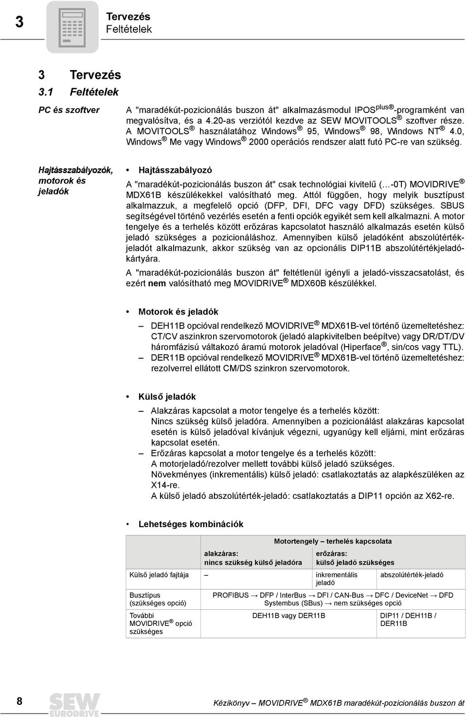 Hajtásszabályozók, motorok és jeladók Hajtásszabályozó A "maradékút-pozicionálás buszon át" csak technológiai kivitelű ( -T) MOVIDRIVE MDX61B készülékekkel valósítható meg.