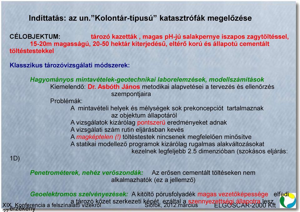 töltéstestekkel Klasszikus tározóvizsgálati módszerek: 1D) Hagyományos mintavételek-geotechnikai laborelemzések, modellszámítások Kiemelendő: Dr.