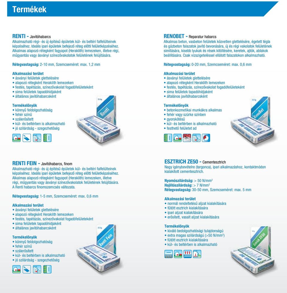 1,2 mm ásványi felületek glettelésére alapozó rétegként Heraklith lemezeken festés, tapétázás, színezővakolat fogadófelületeként sima felületek tapadóhídjaként általános javítóhabarcsként könnyű