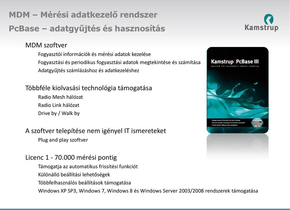 hálózat Drive by / Walk by A szoftver telepítése nem igényel IT ismereteket Plug and play szoftver Licenc 1-70.