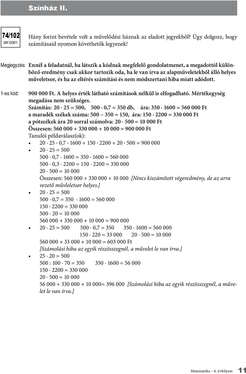 az eltérés számítási és nem módszertani hiba miatt adódott. 1-es kód: 900 000 Ft. A helyes érték látható számítások nélkül is elfogadható. Mértékegység megadása nem szükséges.