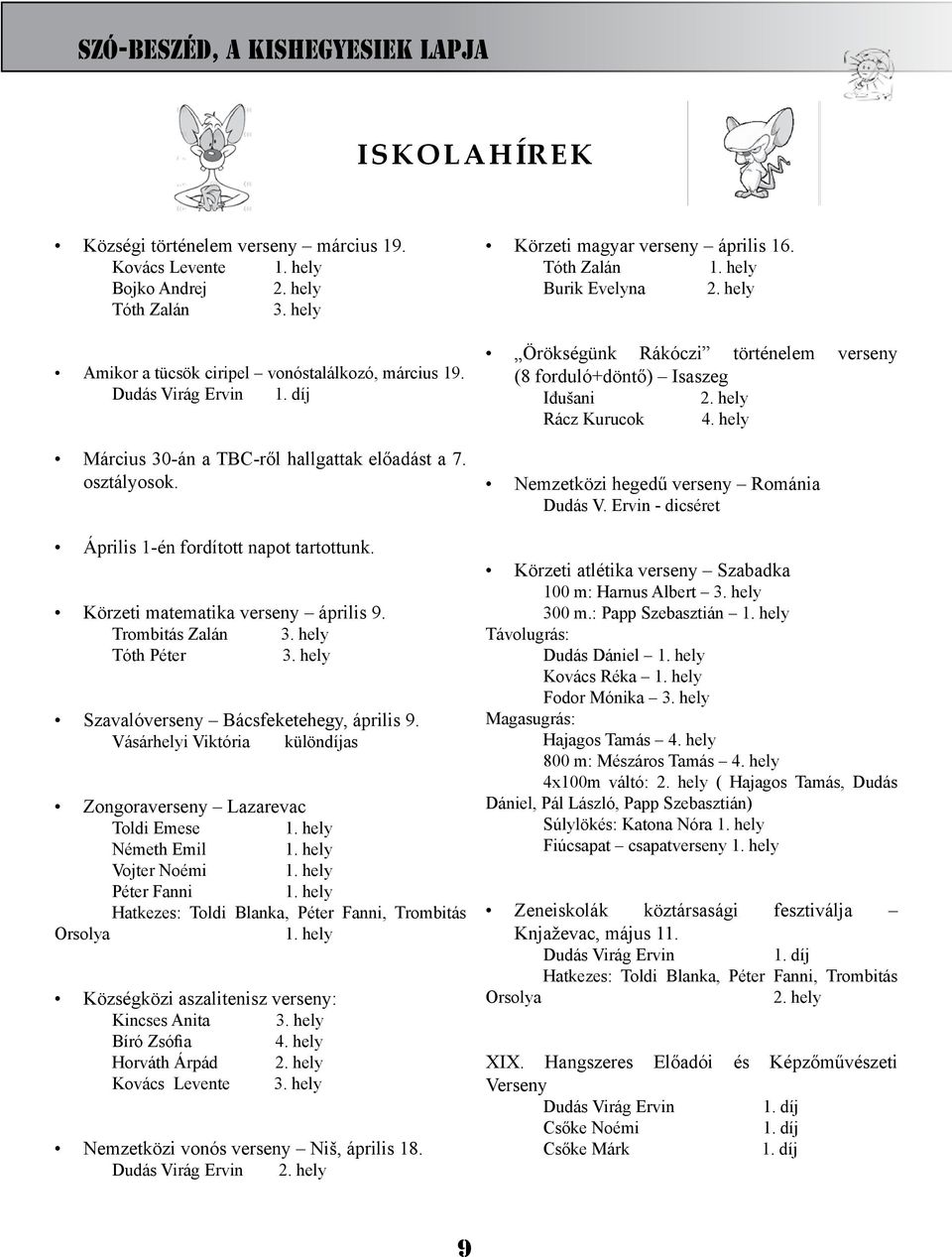 hely Szavalóverseny Bácsfeketehegy, április 9. Vásárhelyi Viktória különdíjas Zongoraverseny Lazarevac Toldi Emese 1. hely Németh Emil 1. hely Vojter Noémi 1. hely Péter Fanni 1.