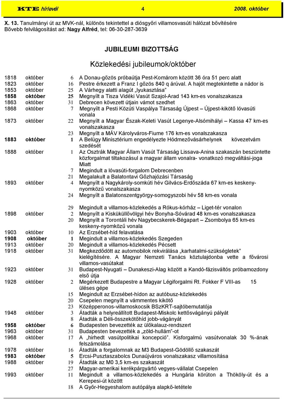 jubileumok/október 1818 október 6 A Donau-gőzös próbaútja Pest-Komárom között 36 óra 51 perc alatt 1823 október 16 Pestre érkezett a Franz I gőzös 840 q árúval.