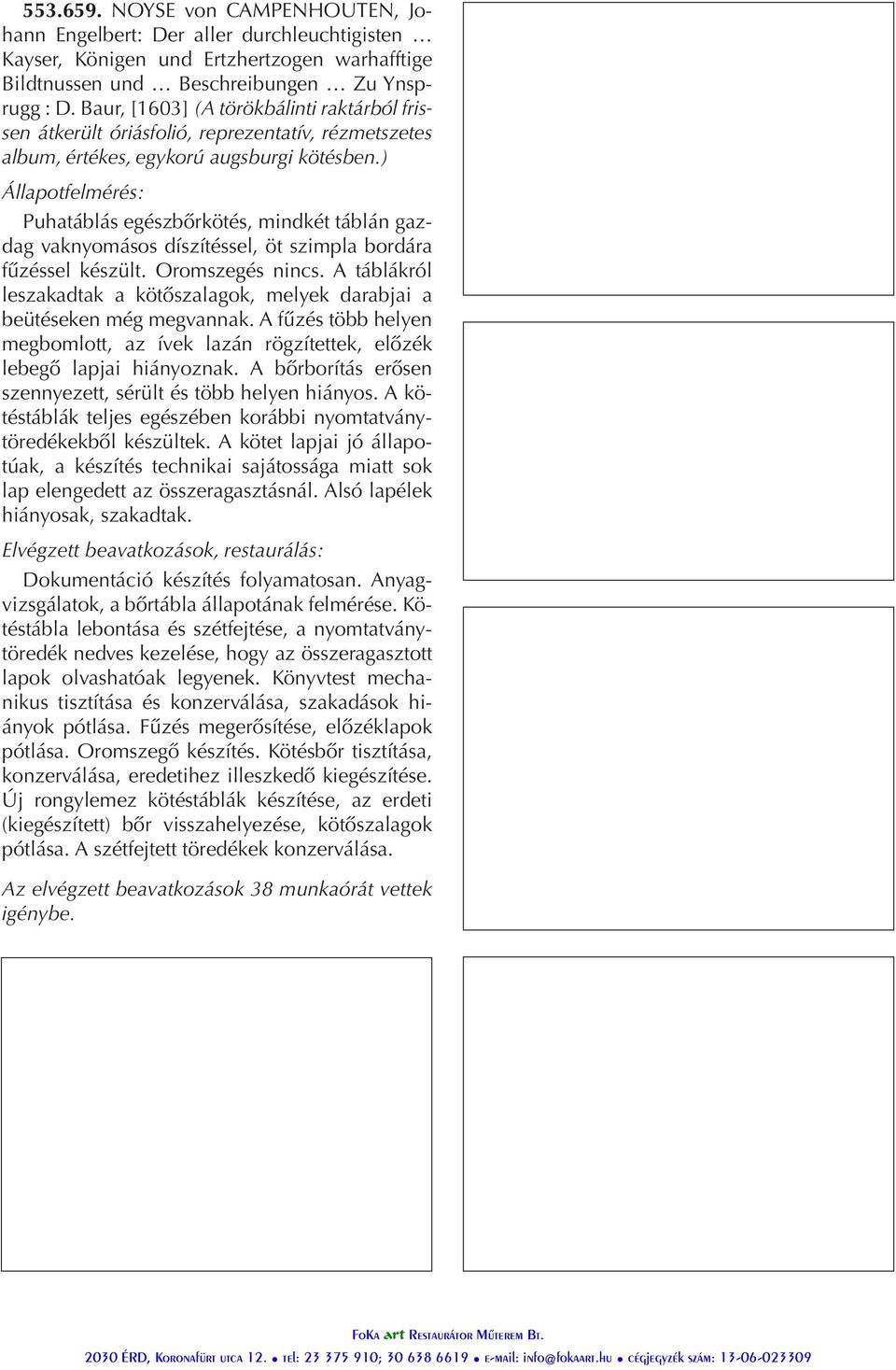 ) Állapotfelmérés: Puhatáblás egészbőrkötés, mindkét táblán gazdag vaknyomásos díszítéssel, öt szimpla bordára fűzéssel készült. Oromszegés nincs.