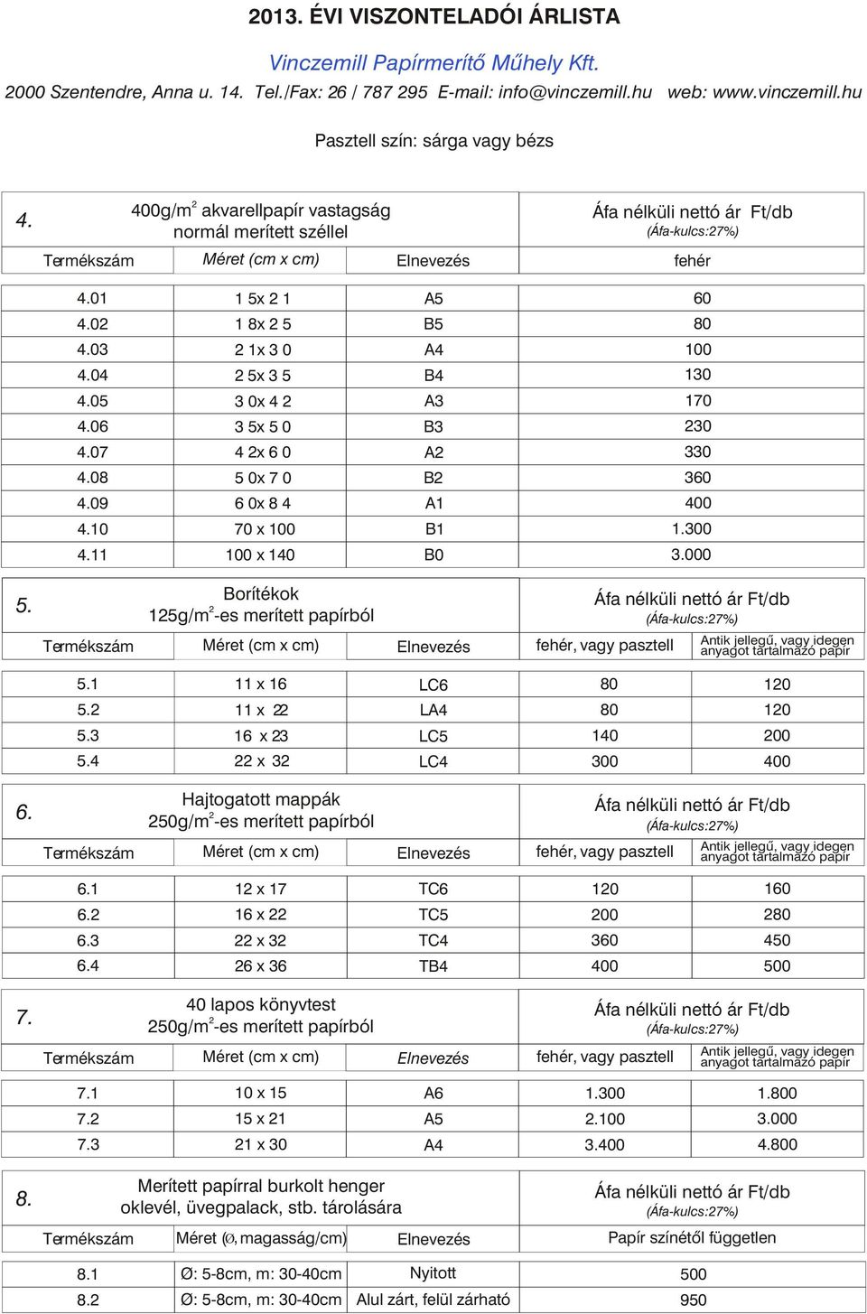 hu Pasztell szín: sárga vagy bézs g/m akvarellpapír vastagság normál merített széllel fehér 01 0 03 04 05 15x1 18x5 1x30 5x35 100 130 30x4 1 06 35x50 B3 30 07 4x60 A 330 08 50x B 09 10 11 60x84 A1 x