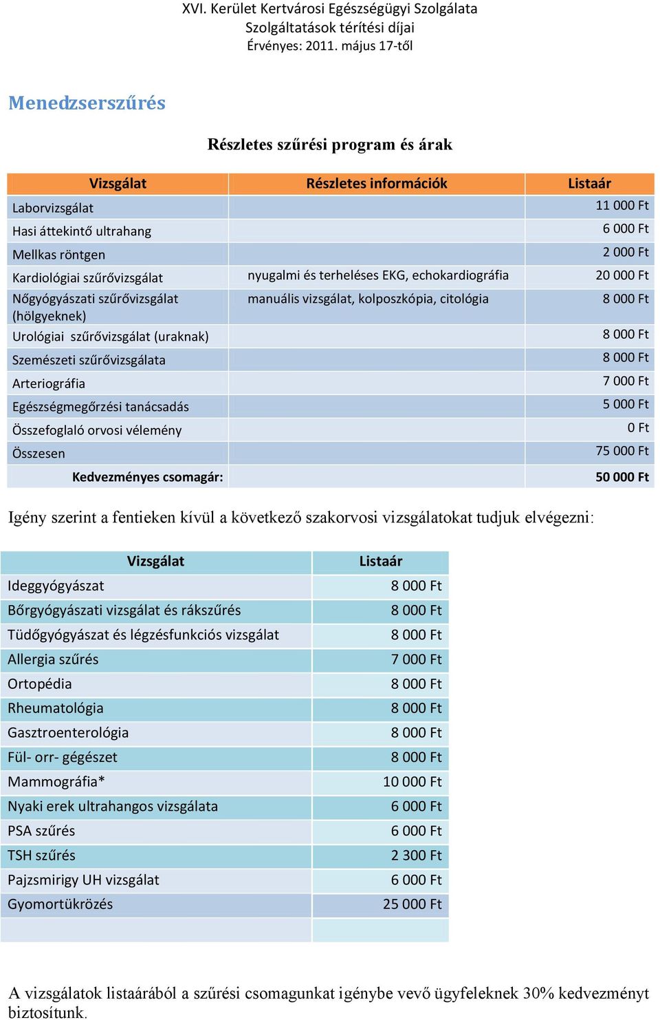 tanácsadás Összefoglaló orvosi vélemény Összesen Kedvezményes csomagár: manuális vizsgálat, kolposzkópia, citológia Igény szerint a fentieken kívül a következő szakorvosi vizsgálatokat tudjuk