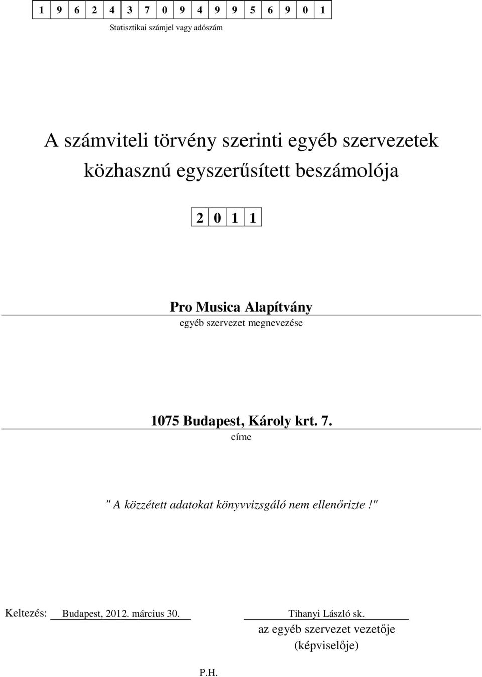 megnevezése 1075 Budapest, Károly krt. 7. címe " A közzétett adatokat könyvvizsgáló nem ellenőrizte!