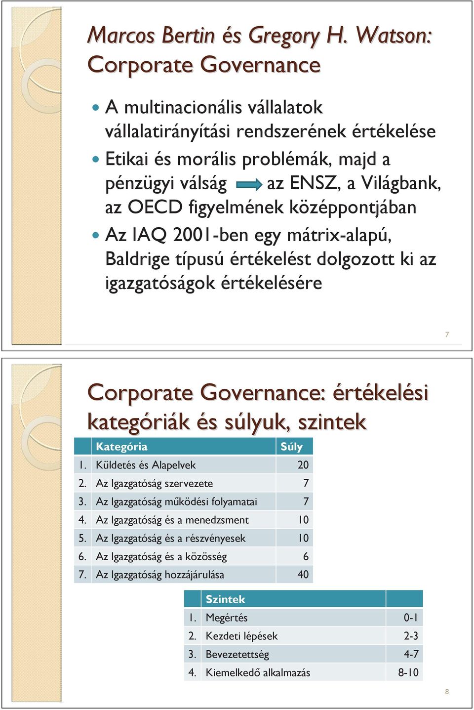 figyelmének középpontjában Az IAQ 2001-ben egy mátrix-alapú, Baldrige típusú értékelést dolgozott ki az igazgatóságok értékelésére 7 Corporate Governance: értékelési kategóri riák és s súlyuk,