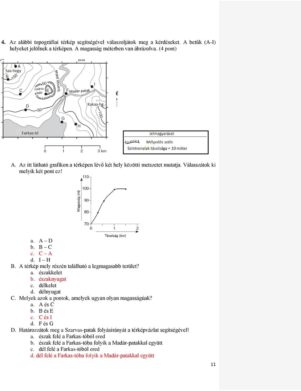 a. északkelet b. északnyugat c. délkelet d. délnyugat C. Melyek azok a pontok, amelyek ugyan olyan magasságúak? a. A és C b. B és E c. C és I d. F és G D.
