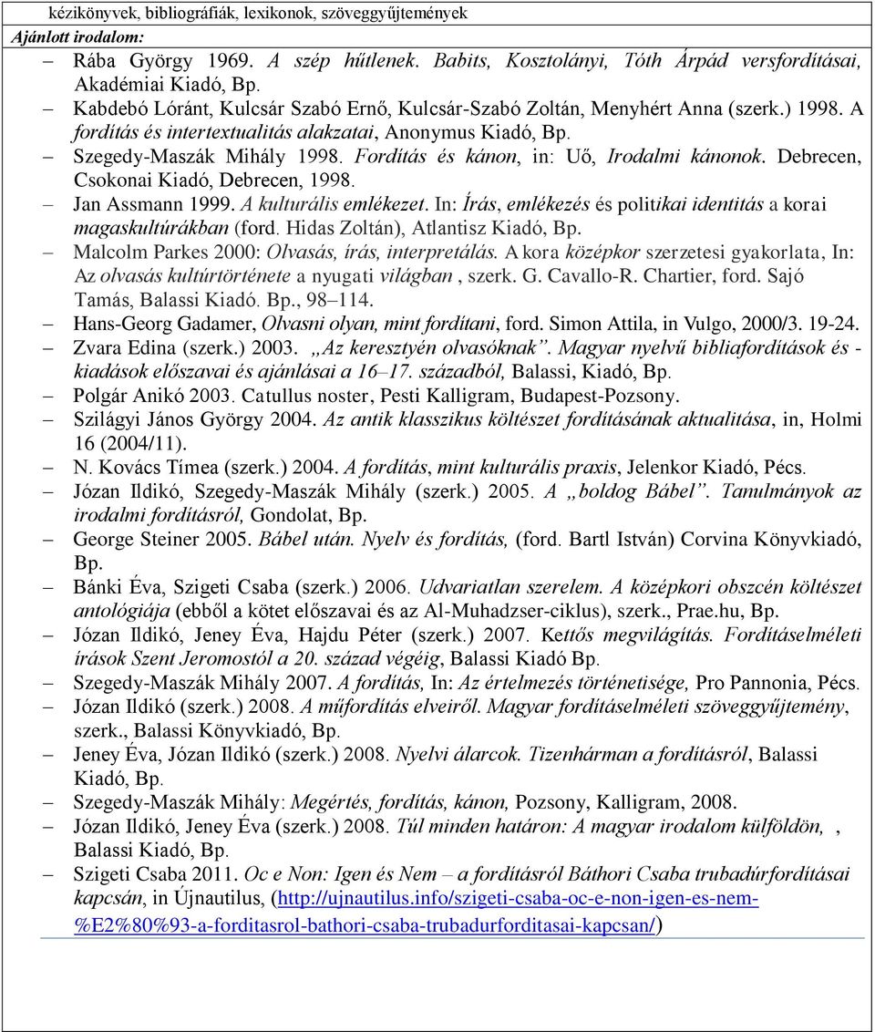 Fordítás és kánon, in: Uő, Irodalmi kánonok. Debrecen, Csokonai Kiadó, Debrecen, 1998. Jan Assmann 1999. A kulturális emlékezet.
