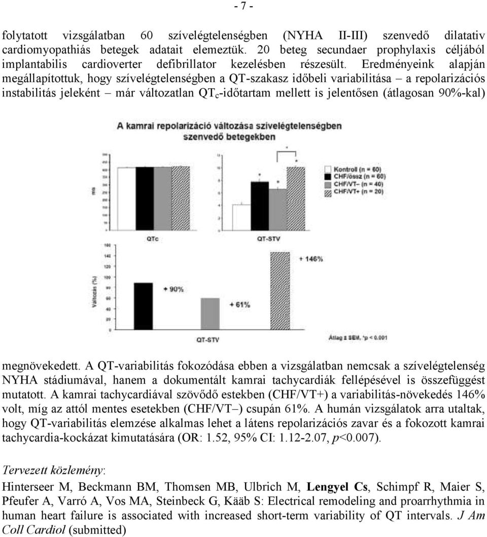 Eredményeink alapján megállapítottuk, hogy szívelégtelenségben a QT-szakasz időbeli variabilitása a repolarizációs instabilitás jeleként már változatlan QT c -időtartam mellett is jelentősen