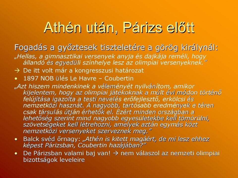 De itt volt már a kongresszusi határozat 1897 NOB ülés Le Havre Coubertin Azt hiszem mindenkinek a véleményét nyilvánítom, amikor kijelentem, hogy az olimpiai játékoknak a múlt évi módonm történő