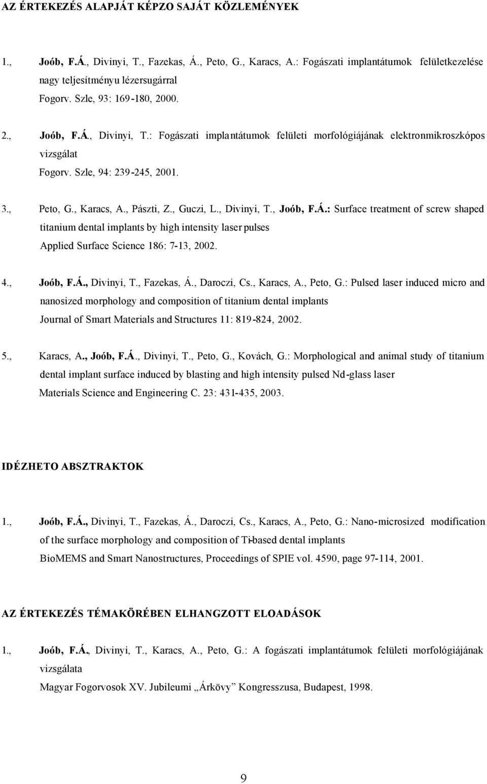 , Pászti, Z., Guczi, L., Divinyi, T., Joób, F.Á.: Surface treatment of screw shaped titanium dental implants by high intensity laser pulses Applied Surface Science 186: 7-13, 2002. 4., Joób, F.Á., Divinyi, T., Fazekas, Á.